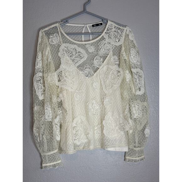 Express Lace Long Sleeve Blouse Top Womens XL Boho Bohemian Cottage Beige White - Picture 2 of 13